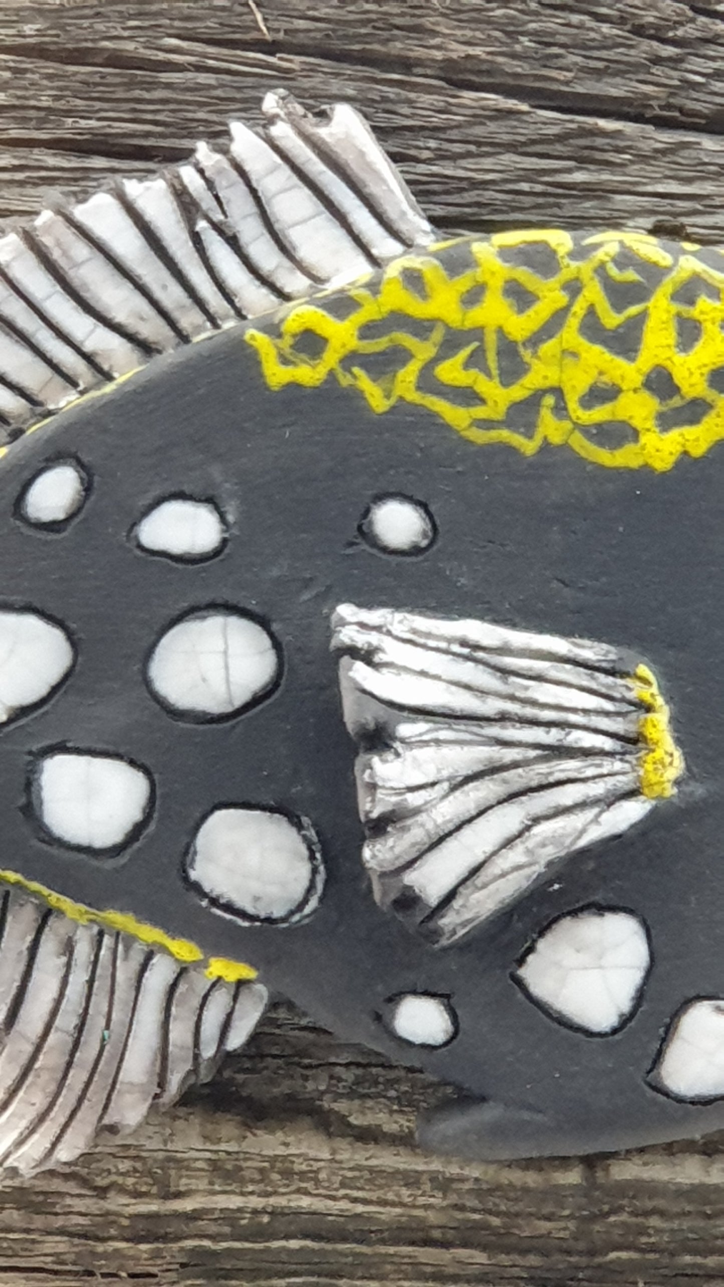 Poisson reflet tropicaux / Tableau raku sur bois brûlé