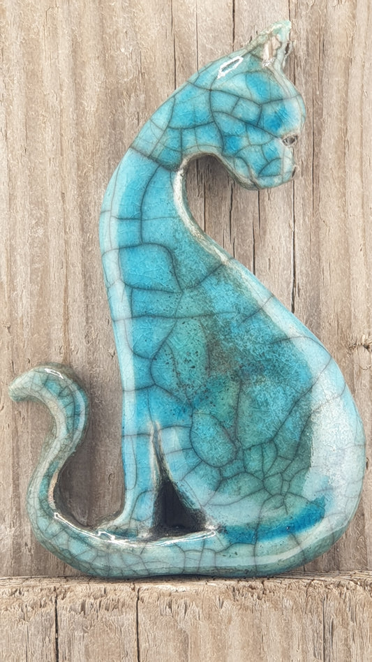 Chat bleu / Tableau raku sur bois flotté