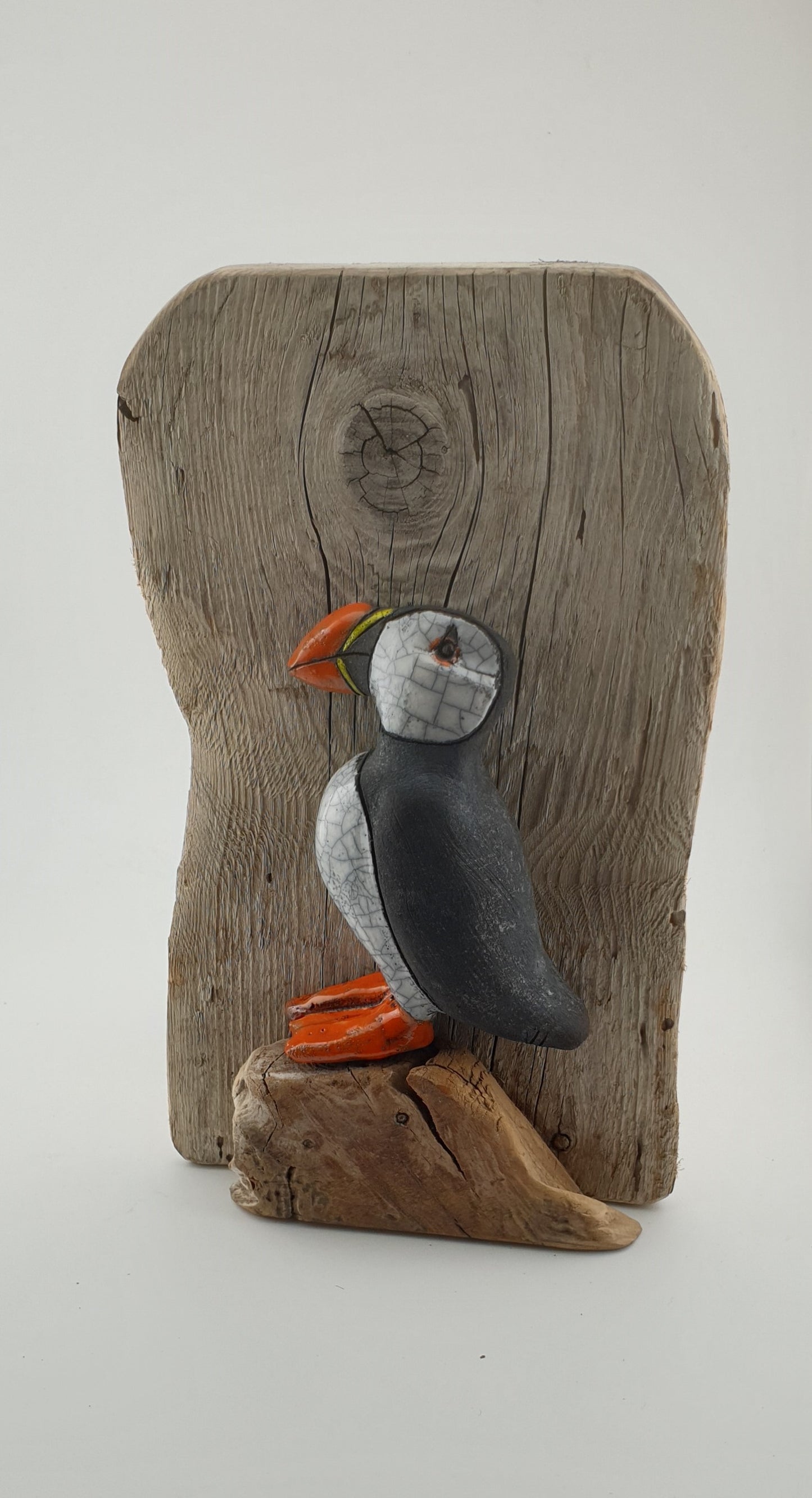 Macareux moine / Tableau raku sur bois flotté