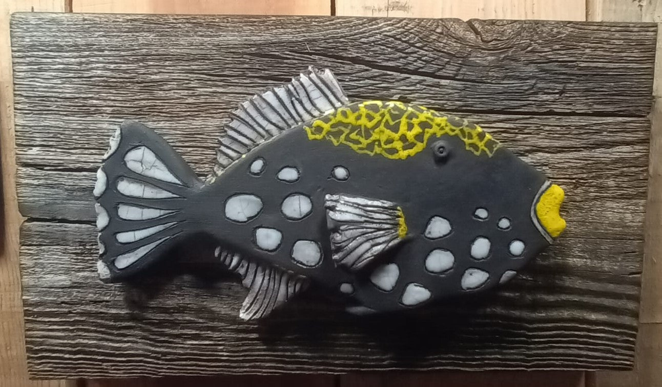 Poisson reflet tropicaux / Tableau raku sur bois brûlé