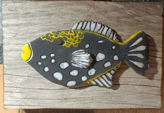 Poisson reflet tropicaux (petit format) / Tableau raku sur bois brûlé